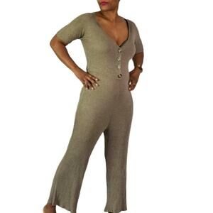 Nordstrom Wide Leg Jumpsuit Hiatus Brown Ribbed Knit Romper Playsuit Lounge XL